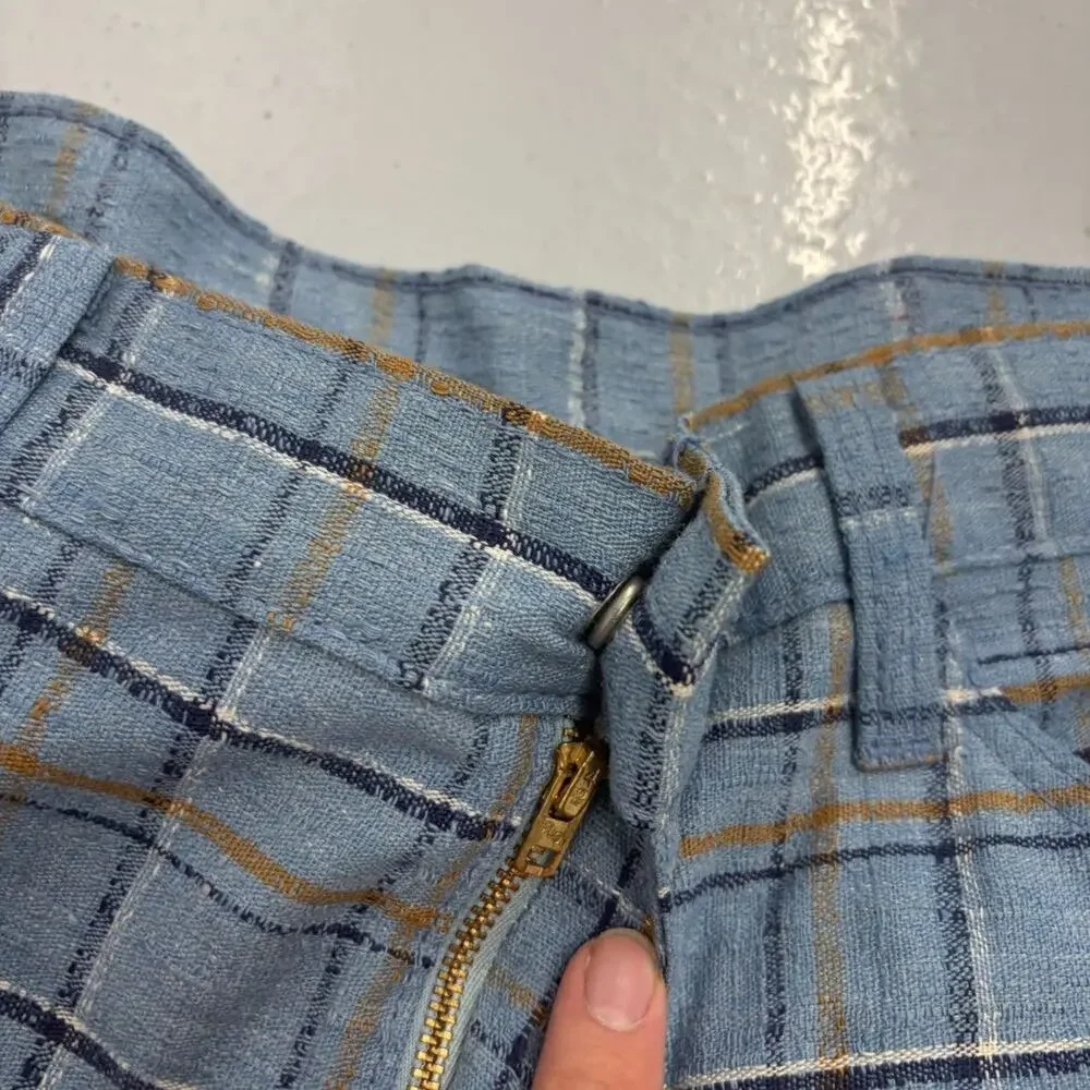 Vintage 70s Mann Blue Plaid Knit Bell Bottom Trousers 32x28